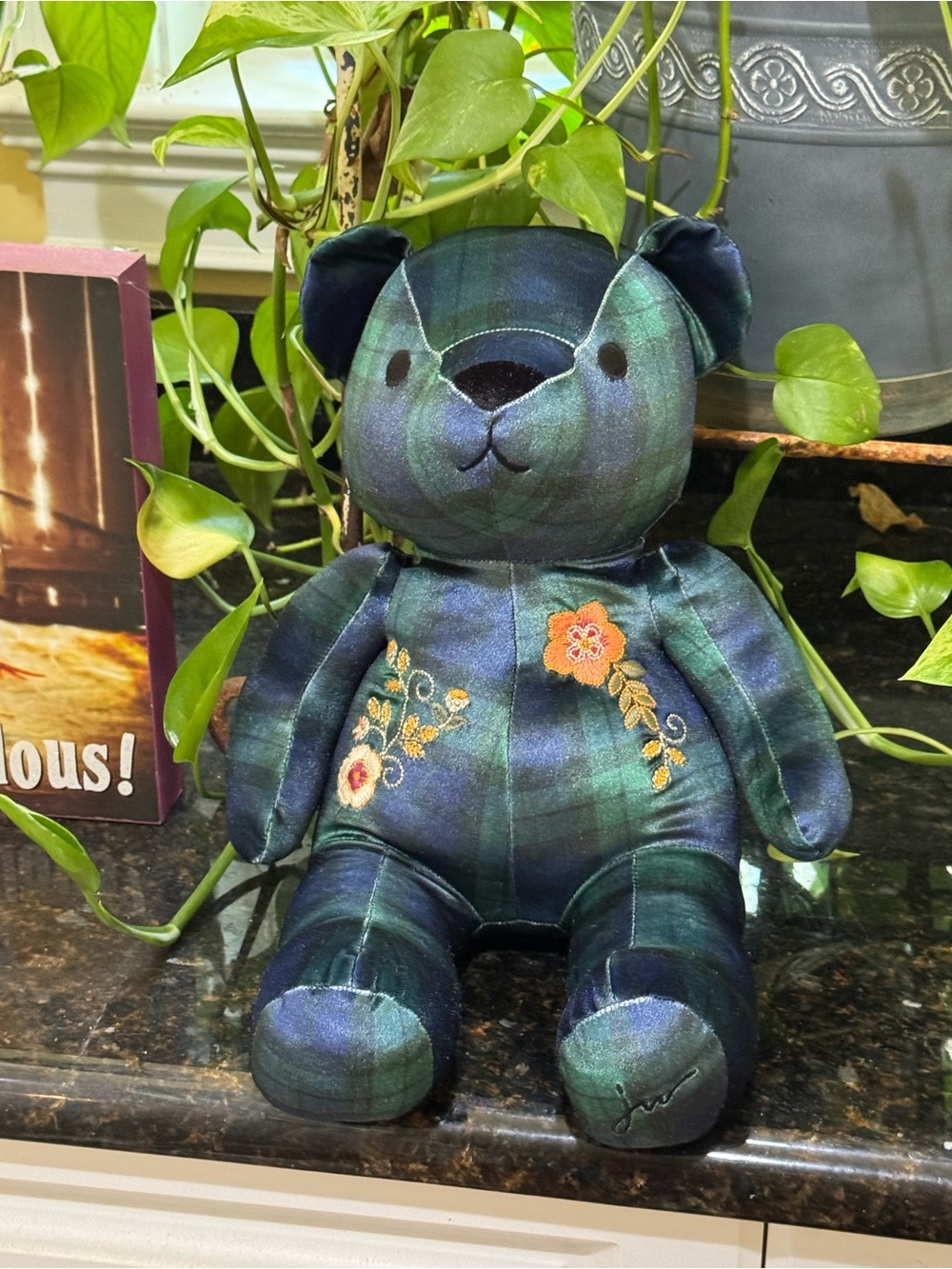 Johnny Was Blue Green Plaid Embroidered Teddy Bear